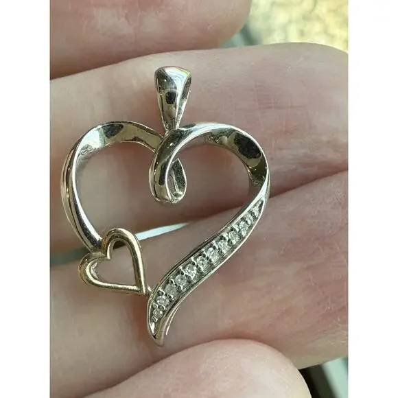 925 Sterling Silver / 10K Gold Real Diamond Double Heart Charm Pendant - Picture 5 of 12